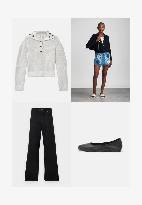 Pull gris clair en tricot côtelé avec une coupe courte, agrémenté d'une patte de boutonnage et d'une capuche ornée d'accents en forme de fleurs.; Jean noir à jambes larges en denim, avec une taille haute, un design à cinq poches et une fermeture par bouton, présentant une texture légèrement délavée.; Ballerines en cuir noir avec un bout rond, texture lisse, détails de couture minimalistes et design de semelle flexible.; Un cardigan en maille noir, un haut blanc, une jupe en denim avec un motif de diamants bleus et noirs, un sac à main noir et des sandales à enfiler beiges.