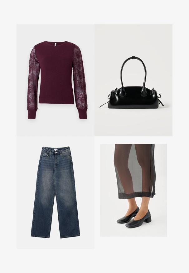 Burgunderfarbener Strickpullover mit langen durchsichtigen Spitzenärmeln. Rippstruktur an den Bündchen und am Körper, mit einem klassischen Rundhalsausschnitt.; Herrenhohe-taillierte blaue Jeans aus Denim mit weitem Bein, vorderem Knopf und Reißverschluss sowie Vorder- und Gesäßtaschen.; Schwarze Blockabsatzschuhe mit glattem Lederfinish, getragen zu einem transparenten schwarzen Rock mit sauberem Saum und minimalistischem Design.; Kleine schwarze glänzende Handtasche mit zwei langen Griffen und seitlichen Kordelzug-Details vor einfachem hellem Hintergrund.