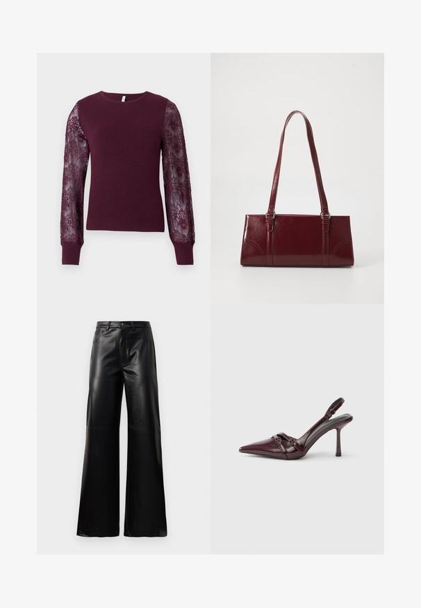 Pull en tricot bordeaux avec de longues manches en dentelle transparente. Texture côtelée aux poignets et sur le corps, avec un col rond classique.; Pantalons larges en faux cuir noire taille haute avec bouton avant, fermeture éclair, passants de ceinture et poches latérales sur fond blanc.; Escarpin slingback en cuir verni bordeaux avec bout pointu, fine bride à la cheville et petit détail décoratif de boucle. Texture lisse et talon haut.; Sac à main bordeaux en matériau brillant, de forme rectangulaire, avec deux anses et des accents légèrement courbés à l'avant.