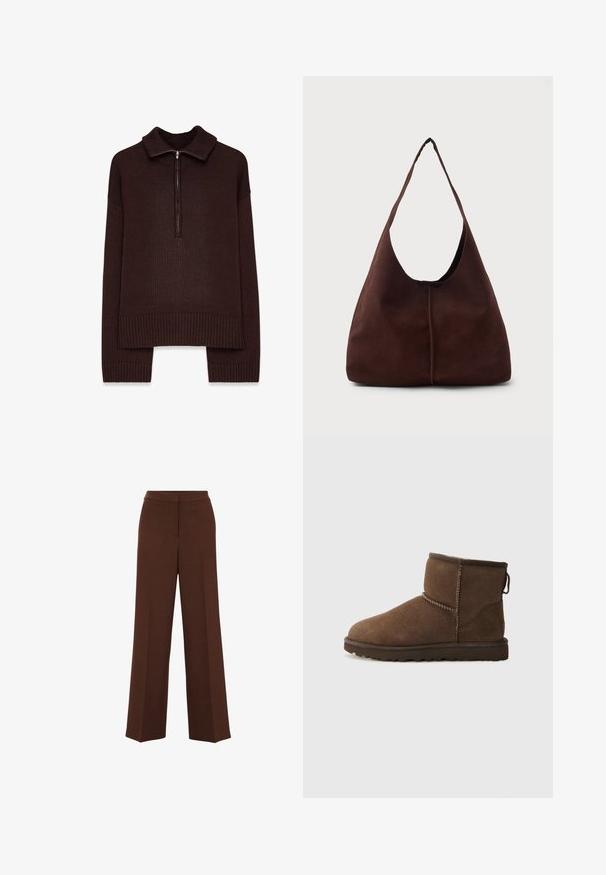 Jersey marrón de punto con un cuello alto con cremallera, dobladillo y puños acanalados, y un corte holgado. Patrón texturizado a lo largo de la tela.; Pantalones de pierna ancha marrones con una textura suave, que cuentan con una cinturilla estructurada y detalles de pliegue sutiles que recorren la parte delantera.; UGG CLASSIC MINI II - Botas para la nieve - dusted cocoa; Bolso hobo de ante marrón con una gran apertura curvada y una amplia correa para el hombro. Presenta una costura centrada en la parte frontal. Textura suave.