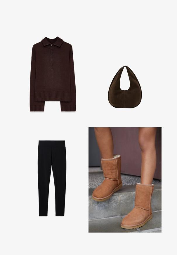 Jersey marrón de punto con un cuello alto con cremallera, dobladillo y puños acanalados, y un corte holgado. Patrón texturizado a lo largo de la tela.; Leggings negros de cintura alta con ajuste delgado de longitud completa y cinturilla lisa, mostrados sobre un fondo blanco.; Botas de tobillo de ante marrón con punta redonda, forro suave y suela de goma, con detalles de costura visibles a lo largo de las costuras.; Bolso de ante marrón oscuro en forma de media luna con una sola correa ancha y textura suave sobre un fondo blanco.