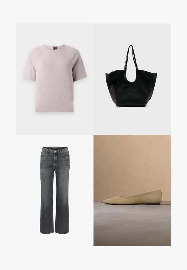 Helles beige T-Shirt mit kurzen Ärmeln, aus weichem, strukturiertem Stoff, mit rundem Halsausschnitt und Raglanärmeln.; Weite Jeans aus dunkelgrauem Denim mit klassischem Fünf-Taschen-Design, genähten Details und einem Knopfverschluss an der Taille.; Beiger flacher Schuh mit spitzer Zehenpartie und schwarzer Sohle, der über einem strukturierten beigefarbenen Teppich schwebt, im Hintergrund ein beige gepolstertes Sofa.; Schwarze Leder-Shopper-Tasche mit weit geöffnetem Oberteil und verstellbaren Schultergurten mit goldenen Schnallen, präsentiert vor einem schlichten hellen Hintergrund.