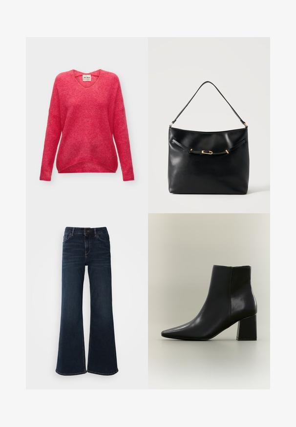 Suéter de punto rosa suave con un sutil escote en V, mangas largas y un dobladillo ligeramente curvado, mostrado sobre un fondo liso.; Mos Mosh HERA - Vaqueros a campana - dark blue; Botín negro de cuero con punta puntiaguda y tacón grueso y cuadrado sobre un fondo claro y liso.; Bolso de hombro de cuero negro con una sola correa y un pequeño detalle de hebilla dorada en la parte delantera sobre un fondo claro y liso.