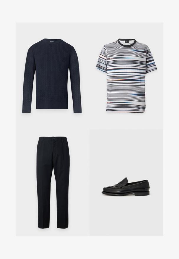 Pull bleu marine à manches longues en maille torsadée avec col rond et poignets et ourlet côtelés sur fond gris clair.; T-shirt blanc à manches courtes avec des rayures horizontales noires, bleues et orange et un col rond noir.; Pantalon noir à jambe droite avec fermeture à boutons, passants pour ceinture et poches latérales, présenté sur un fond uni.; Mocassin en cuir noir avec un détail tissé à l'avant, bout arrondi et petit talon. Texture lisse et design minimaliste.