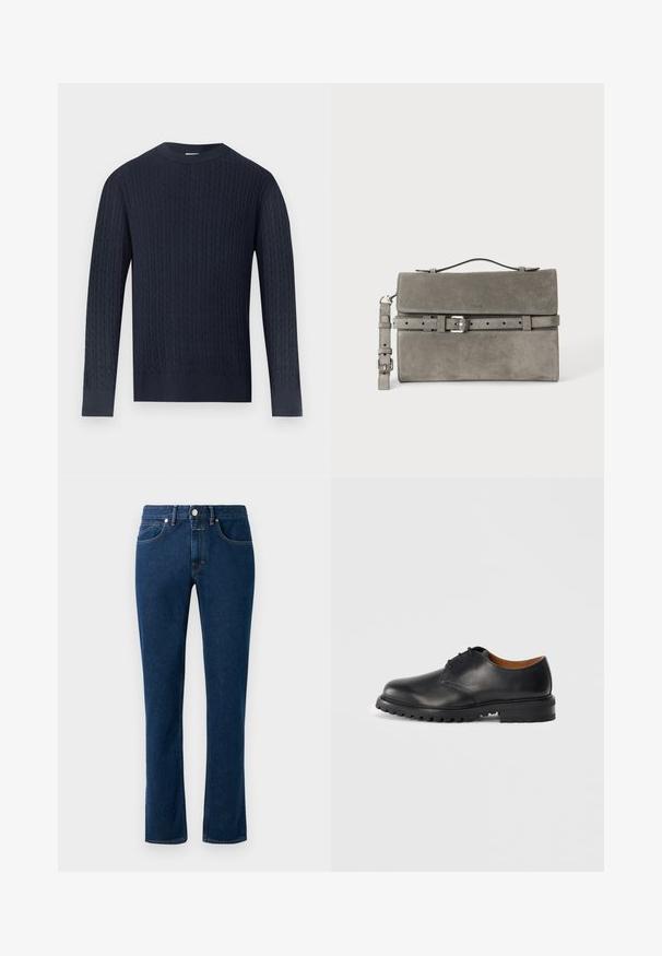 Marineblauwe kabelgebreide trui met lange mouwen, ronde hals en geribde boorden en zoom op een lichtgrijze achtergrond.; Donkerblauwe denim jeans met een slim recht model, klassieke vijf-pocket stijl en een knoopsluiting bij de taille.; Zwarte leren dress shoe met een ronde neus, vetersluiting en een gestructureerde rubberen zool. Beschikt over contrasterend stiksel en een bruine binnenvoering.; Grijze suède rechthoekige clutch met bovenhandvat, afneembare riem en zilveren gesp detail over de voorsluiting.