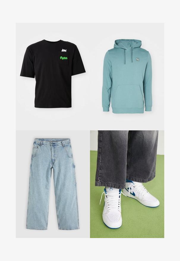 Tyrkist hættebluse lavet af blødt stof, med en kengurulomme og et lille logo-patch på øverste venstre side.; Sort bomulds T-shirt med korte ærmer, med en lomme med et katte-grafik og grøn "PUMA" tekst. Casual pasform og glat tekstur.; Lyseblå straight-leg denim jeans med forlommer, bæltestropper, knaplukning og en sidelomme til værktøj.; Hvide højtop sneakers med blå accenter, perforeret tå boks og hvide snørebånd. Båret med løse grå denim bukser på en grøn overflade.