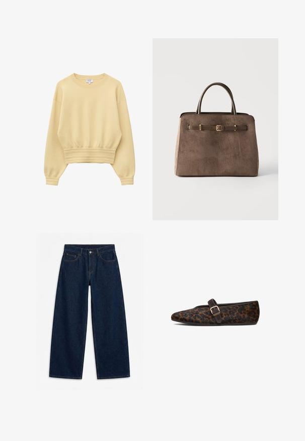 Lichtgeel, langarmig trui met ronde hals, met geribde manchetten en een brede geribde zoom, gemaakt van zachte gebreide stof.; Donkerblauwe wijde denim jeans met knoopsluiting aan de voorkant en rits, lussen voor een riem en vijf zakken, plat gelegd op een witte achtergrond.; Leopardprint platte schoenen van bont met een spitse neus, voorzien van een donkerbruine accentriem en een metalen gespdetails. Rond hiel.; Bruine suède handtas met twee handvatten en een decoratieve leren band met gouden gesp aan de voorkant, tegen een effen achtergrond.