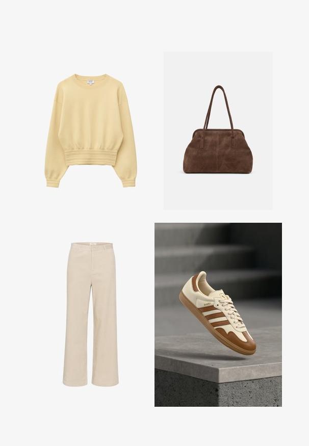 Lichtgeel, langarmig trui met ronde hals, met geribde manchetten en een brede geribde zoom, gemaakt van zachte gebreide stof.; Beige wijde corduroy broek met een subtiele ribbelstructuur, riemlussen, voorrits en twee zijzakken.; Klassieke sneaker met een crème kleurige leren bovenkant, bruine accenten, drie strepen en een textuurrijke gumzool. Voorzien van een afgeronde neus en vetersluiting.; Bruine suède schoudertas met twee lange bandjes en een zachte, licht afgeronde rechthoekige vorm tegen een effen achtergrond.