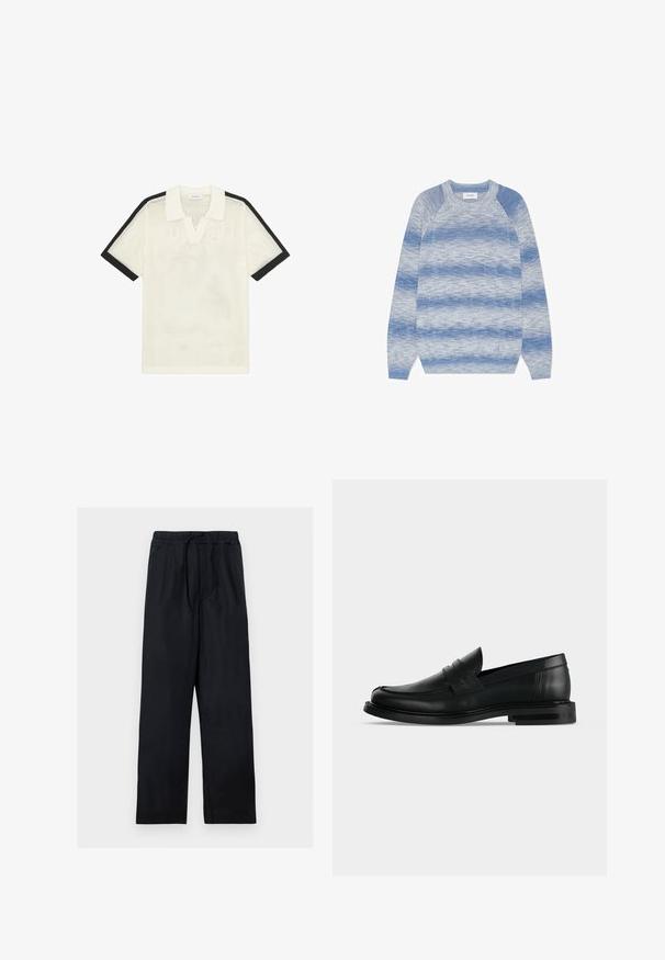 Pull à manches longues col rond avec des rayures horizontales bleu et gris marbré, poignets et ourlet côtelés, posé à plat sur fond blanc.; Polo en maille blanche à manches courtes avec bordure noire aux manches et col blanc uni, posé à plat sur un fond blanc.; Pantalon noir coupe ample avec taille élastique et cordon, équipé de poches latérales et d’une coupe droite.; Mocassin penny pour homme en cuir noir avec talon bas empilé et bout arrondi, vu de profil sur fond gris clair.