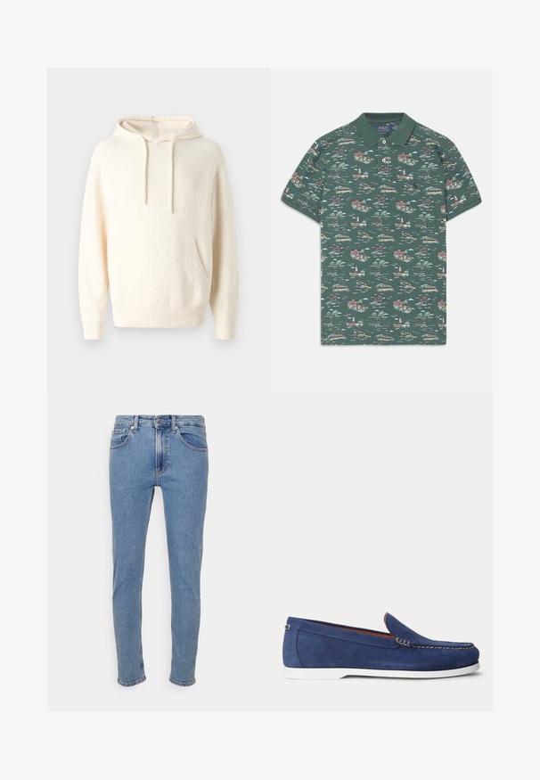 Helle Kapuzenjacke aus weichem Material, mit einer Kängurutasche, gerippten Bündchen und einer strukturierten Oberfläche.; Kurzärmliges Poloshirt aus dunkelgrünem Baumwollstoff mit einem malerischen Druck von Häusern, Booten und Bäumen; verfügt über eine Drei-Knopf-Leiste und einen gerippten Kragen.; Hellblaue Slim-Fit-Jeans mit vorderem Knopf und Reißverschluss, Vorder- und Gesäßtaschen, auf weißem Hintergrund präsentiert.; Blauer Wildleder-Slipper mit weißer Sohle und beiger Naht am oberen Rand, dargestellt vor einem schlichten weißen Hintergrund.