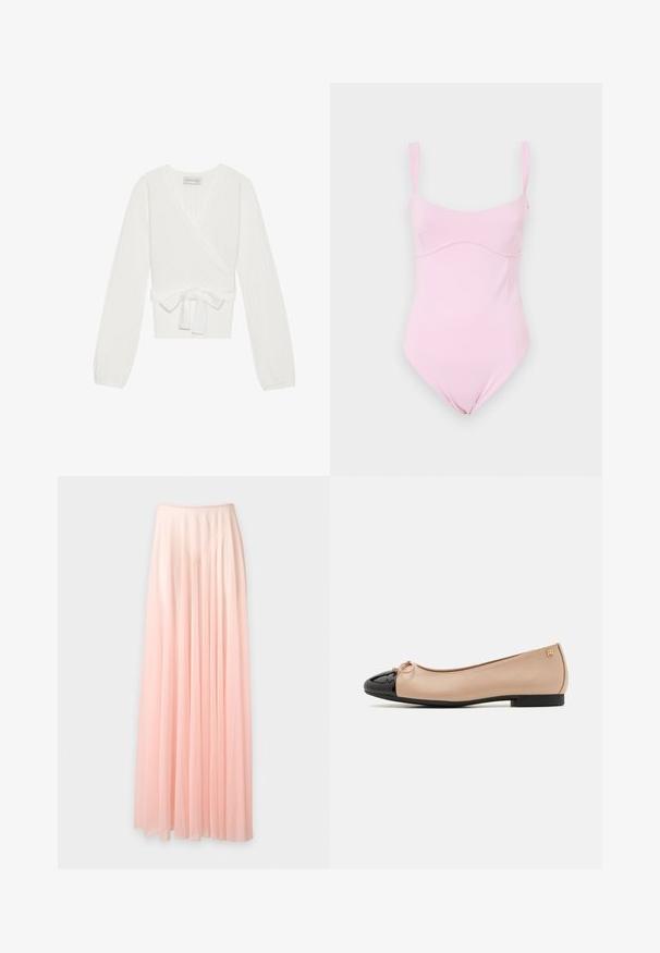 Witte geribbelde gebreide wikkeltop met lange mouwen, striksluiting in de taille en een v-hals. Beschikt over een textuurstof voor visuele interesse.; Good American TANK - Top - flora; Lange, geplooide, lichtroze chiffonrok met een elastische tailleband, getoond tegen een effen witte achtergrond.; Ballet flats met een beige satijnen bovenkant, zwarte lakleren neuskap, kleine strikdetail aan de voorkant en een lage zwarte hak.