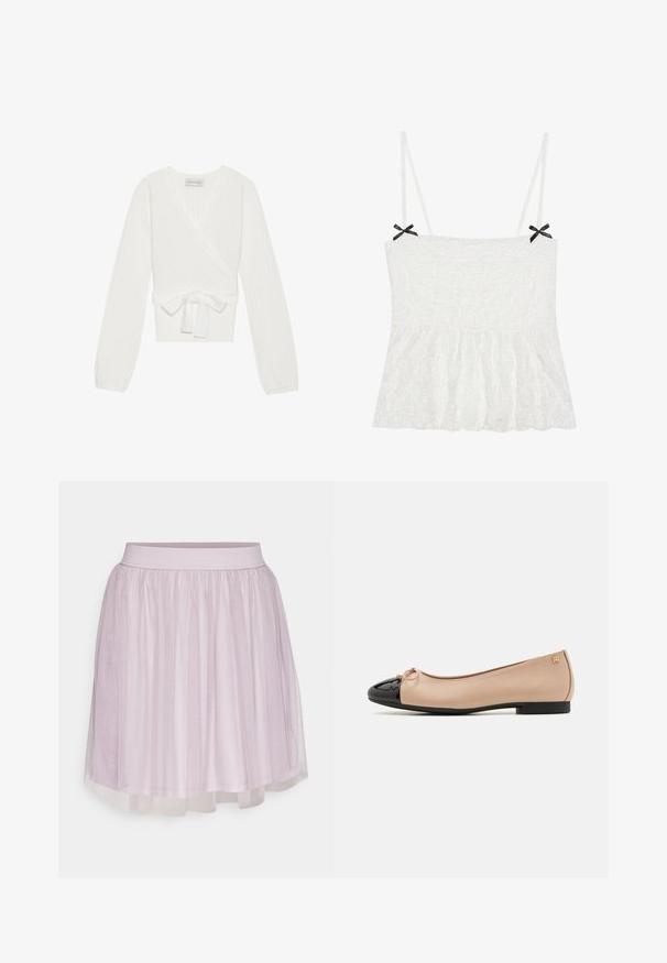 Haut wrap en tricot côtelé blanc avec des manches longues, fermeture à nouer à la taille et décolleté en V. Présente un tissu texturé pour un intérêt visuel.; Camisole en dentelle blanche avec des fines bretelles, ornée de nœuds noirs sur les épaules et d'un ourlet évasé pour un design féminin.; VILA VIDOLL SKIRT - Minijupe - nirvana; Ballerines avec un dessus en satin beige, un embout en cuir verni noir, un petit nœud à l'avant et un petit talon noir.