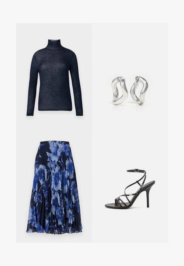 Marineblå rullekravebluse lavet af letvægtsstof, med lange ærmer og en tætsiddende silhuet. Glat tekstur med minimal detaljering.; Plisseret nederdel i en mørk navy stof med et stort blomstermotiv i forskellige nuancer af blå. Elastisk talje for komfort.; Sort højhælet sandal med tynde stropper, en ankelspænde, en glat læderoverflade og en slank stilethæl.; Sølv øreringe i hoop-design med snoet mønster. Runde kanter og blank finish. Åbne lukninger for nem brug. Glat tekstur over det hele.
