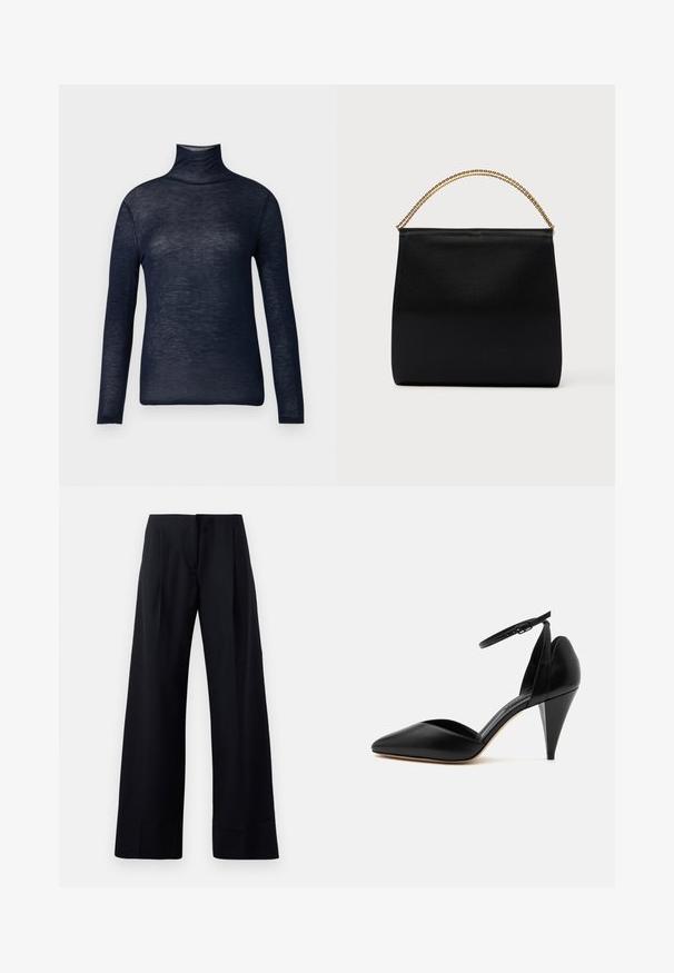 Marineblauer Rollkragenpullover aus leichtem Stoff, mit langen Ärmeln und figurbetonter Silhouette. Glatte Textur mit minimalen Details.; Schwarze, gestreifte Hose mit weitem Bein, die scharfe Falten und einen sauberen Abschluss aufweist. Hergestellt aus einem glatten, leichten Stoff.; Schwarzer Leder-Pumps mit spitz zulaufender Vorderkappe, Knöchelriemen und kegelstumpfförmigem Absatz vor weißem Hintergrund.; Schwarze Tasche aus glattem Stoff mit strukturierter Form, einem Griff aus goldener Kette und minimalistischem, geometrischem Design.