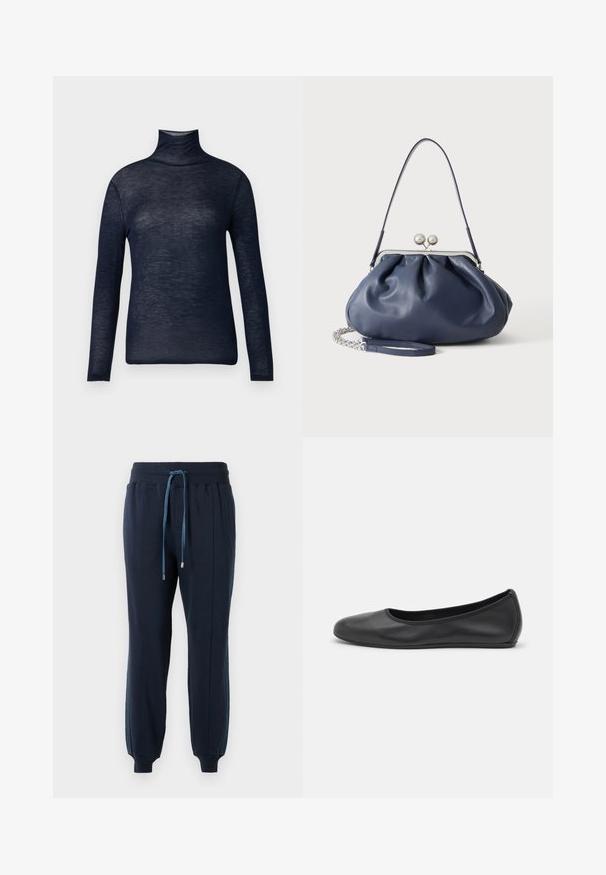 Marineblauwe coltrui van lichtgewicht stof, met lange mouwen en een getailleerde pasvorm. Gladde textuur met minimale details.; Marineblauwe joggingsbroek met elastische tailleband, voorzakken, blauwe trekkoorden, zijkanten met strepen en ribgebreide boorden bij de enkels.; Zwarte leren ballerina met een ronde neus, gladde textuur, minimale stikdetails en een flexibele zoolontwerp.; Zachte navyblauwe leren handtas met zilveren sluiting, enkele schouderband en afneembare ketting polsband op witte achtergrond.