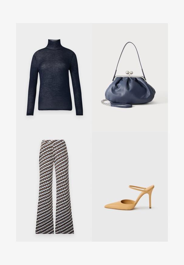 Haut col roulé bleu marine en tissu léger, avec des manches longues et une silhouette ajustée. Texture lisse avec un minimum de détails.; Pantalon large à motifs marron, blanc et bleu avec un design ovale répété et une taille plate à l'avant sur un fond uni.; Chaussure à talon aiguille beige à bout pointu avec une fine bride de cheville sur fond blanc.; Sac à main en cuir bleu marine doux avec fermeture à boucle argentée, une seule bandoulière, et une chaîne de poignet amovible sur fond blanc.