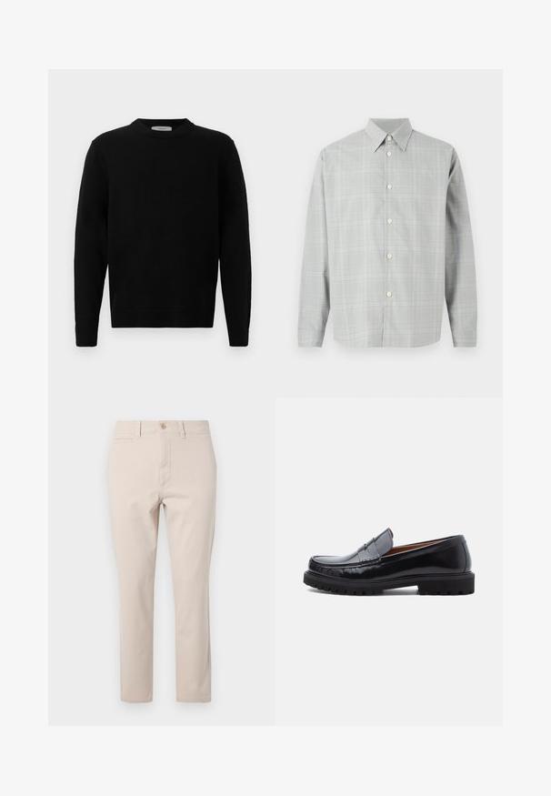 Suéter negro de punto con cuello redondo, mangas largas y puños acanalados. Textura suave con un diseño limpio y minimalista, apto para uso casual.; Camisa de manga larga gris con un ligero patrón de cuadros, diseño con botones en la parte delantera, cuello de punta y textura de tela suave.; Pantalones de algodón beige con corte recto, que cuentan con un cierre de botón en la parte frontal, presillas para cinturón y un bolsillo trasero. Textura suave.; Mocasines de penny de cuero negro con suela de goma gruesa y costura tipo moc, presentados de perfil sobre un fondo blanco.