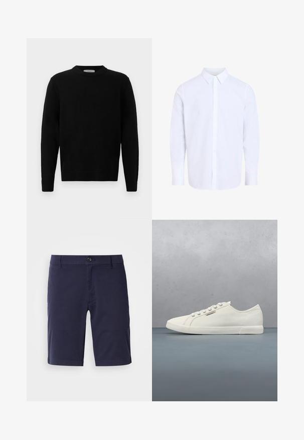 Zwarte gebreide sweater met ronde hals, lange mouwen en geribde manchetten. Zachte textuur met een schone, minimale uitstraling, geschikt voor casual draag.; Wit overhemd met lange mouwen en klassieke kraag, gemaakt van gladde stof, voorzien van een knoopsluiting aan de voorkant en een afgeronde zoom.; Marineblauwe shorts met een rechte voorkant, knoopsluiting en zijzakken. Gemaakt van lichte stof met een gladde textuur.; Witte canvas sneakers met een laag profiel, een ronde neus en minimalistische veters. Gemaakt van een gestructureerde stof en met een rubberen zool.