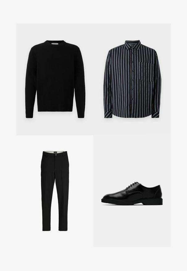 Zwarte gebreide sweater met ronde hals, lange mouwen en geribde manchetten. Zachte textuur met een schone, minimale uitstraling, geschikt voor casual draag.; Zwarte overhemd met blauwe verticale strepen, lange mouwen, een kraag en een borstzak. Glad materiaal, ontspannen pasvorm, standaardknopen.; Zwarte broek van gladde stof, met een gestructureerd ontwerp, rechte pijpen, twee zijzakken en een enkele knoopsluiting.; Zwarte leren dresschoenen met een gladde afwerking, ronde neus, vetersluiting en een bescheiden rubberen zool voor grip.