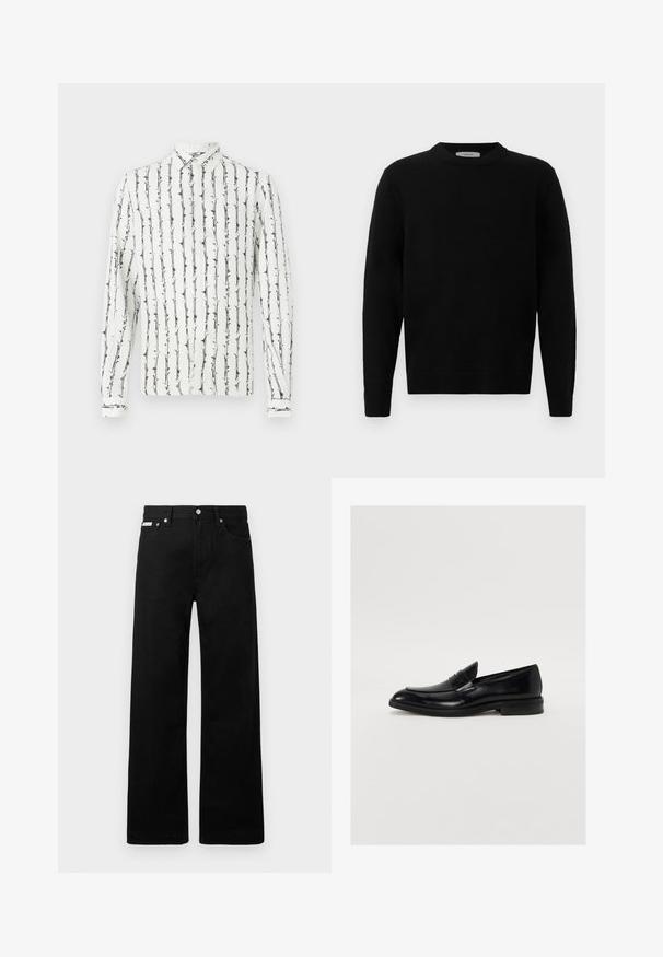 Schwarzer Strickpullover mit rundem Halsausschnitt, langen Ärmeln und gerippten Bündchen. Weicher Stoff mit einem klaren, minimalistischen Design, geeignet für lässige Anlässe.; Weißes Hemd mit Knöpfen und schwarzen vertikalen Streifen sowie einem floralen Muster. Lange Ärmel mit geknöpften Manschetten. Hergestellt aus einem leichten Stoff.; Schwarze Denim-Hose im weiten Bein-Design mit fünf Taschen und metallenen Knopfdetails. Glatte Textur, ohne sichtbare Muster.; Schwarze Lederloafers mit runder Zehenform, dezenten Nähten und glatter Oberfläche. Mit einem niedrigen, gestapelten Absatz und einem Riemen über dem Fußteil.