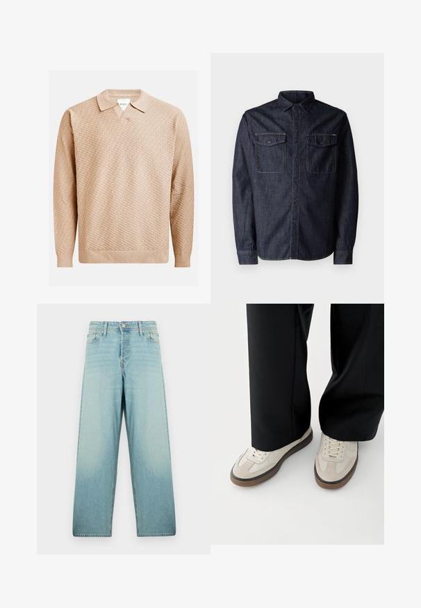 Beige gestrickter Pullover mit einem strukturierten Muster, ausgestattet mit einem klassischen Kragen und gerippten Bündchen. Hergestellt aus weichem, leichtem Material.; Replay Hemd - dark blue; Helle blaue weit geschnittene Jeans aus Denim mit einer ausgewaschenen Optik. Verfügt über einen Knopfverschluss vorne und ein Fünf-Taschen-Design.; Füße mit beigen Sneakers mit braunen Sohlen und schwarzen Hosen mit weitem Bein auf weißem Hintergrund.