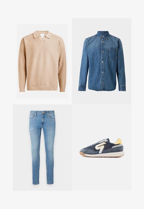 Pull en tricot beige avec un motif texturé, doté d'un col classique et de poignets côtelés. Fabriqué à partir d'un matériau doux et léger.; Chemise en denim bleu à manches longues avec des boutons sur le devant, col pointu et une poche poitrine unique sur fond blanc.; Jean en denim bleu clair avec une coupe slim, présentant des détails légèrement déchirés et un design à cinq poches, fini par une fermeture à bouton standard.; Chaussures de sport bleu marine et grises avec une tige en tissu texturé, des accents blancs et jaunes, et une semelle en caoutchouc à motif en zigzag.