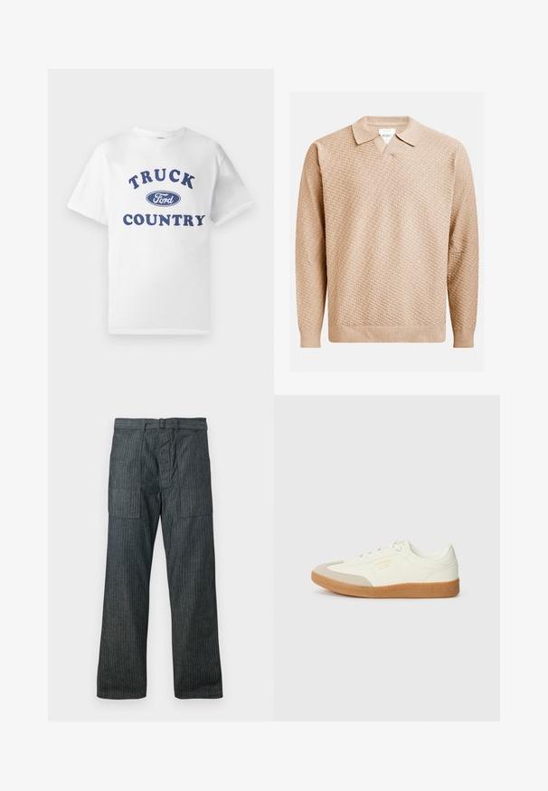 Beige strikket sweater med et struktureret mønster, der har en klassisk krave og ribbede manchetter. Fremstillet af blødt, letvægtsmateriale.; Hvid bomulds t-shirt med blå trykt tekst "TRUCK COUNTRY" og et blåt ovalt "Ford"-logo i midten. Korte ærmer og rund hals.; Mørkegrå bredbenede bukser med lodrette striber, store forreste lomme, bælteløkker og knaplukning foran.; Sneaker lavet af hvid læder med en beige tåhætte og let brunt gummisål. Har flade hvide snørebånd og prægede branding på siden.