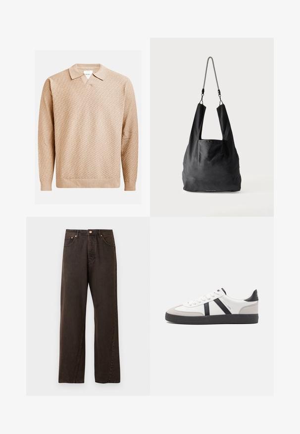 Pull en tricot beige avec un motif texturé, doté d'un col classique et de poignets côtelés. Fabriqué à partir d'un matériau doux et léger.; Jeans en denim marron foncé avec une coupe droite, comportant cinq poches, un bouton en cuivre et des détails de couture subtils.; Baskets blanches avec des accents noirs et gris, présentant un embout texturé gris, une semelle en caoutchouc noir et des lacets plats blancs. Design épuré, style minimaliste.; Sac fourre-tout en tissu noir doux avec de larges anses et une fine bandoulière tressée noire et blanche.