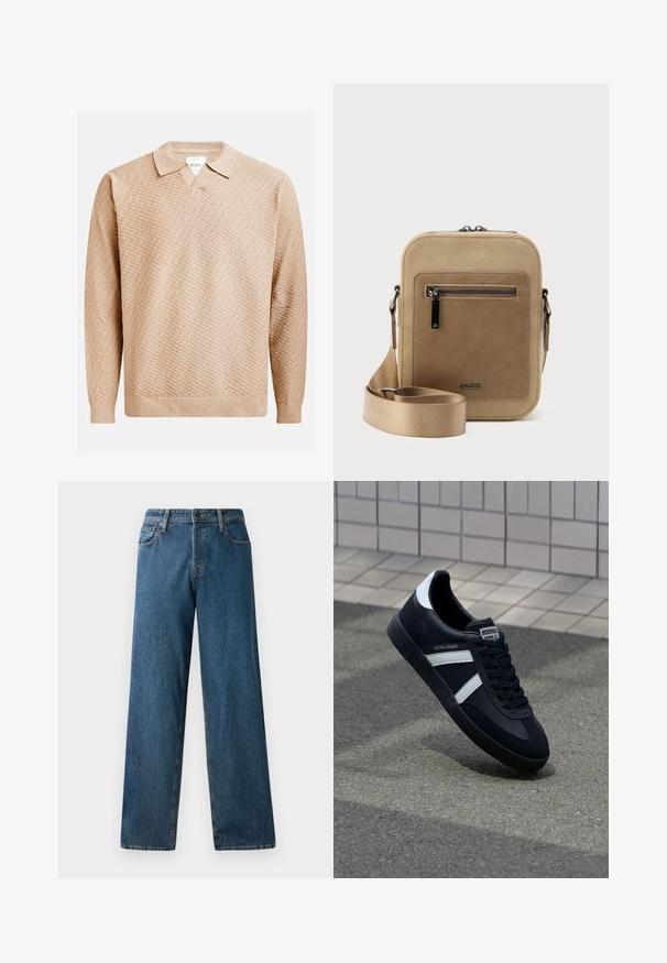 Beige strikket sweater med et struktureret mønster, der har en klassisk krave og ribbede manchetter. Fremstillet af blødt, letvægtsmateriale.; Mørkeblå denimjeans med en afslappet pasform, lige ben, fem lommer og kontrasterende syninger. Har en frontknap og lynlås lukning.; Sort lædersneaker med hvide striber, tekstureret gummisål og snørrebånd foran. Har et brandet mærke på tungen.; Lille beige crossbody-taske med lynlåslomme foran, metal ALDO-logo, justerbar bred rem og rundet rektangulær form på hvid baggrund.