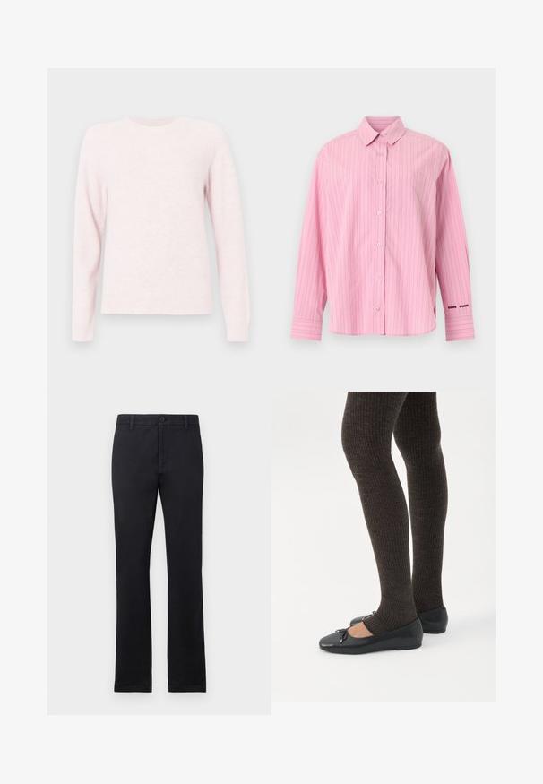 Sweater rose clair en tissu doux, avec un col rond, des manches raglan longues et des bords côtelés au niveau des poignets et de l'ourlet.; Chemise rose à manches longues avec boutons, fines rayures verticales, col classique, poche poitrine et texte brodé près du poignet gauche.; Pantalons noirs à jambe droite avec passants de ceinture, bouton avant et fermeture éclair, présentés sur un fond blanc uni.; Jambes portant des leggings côtelés foncés associés à des ballerines noires avec de petits détails en nœud sur fond blanc.
