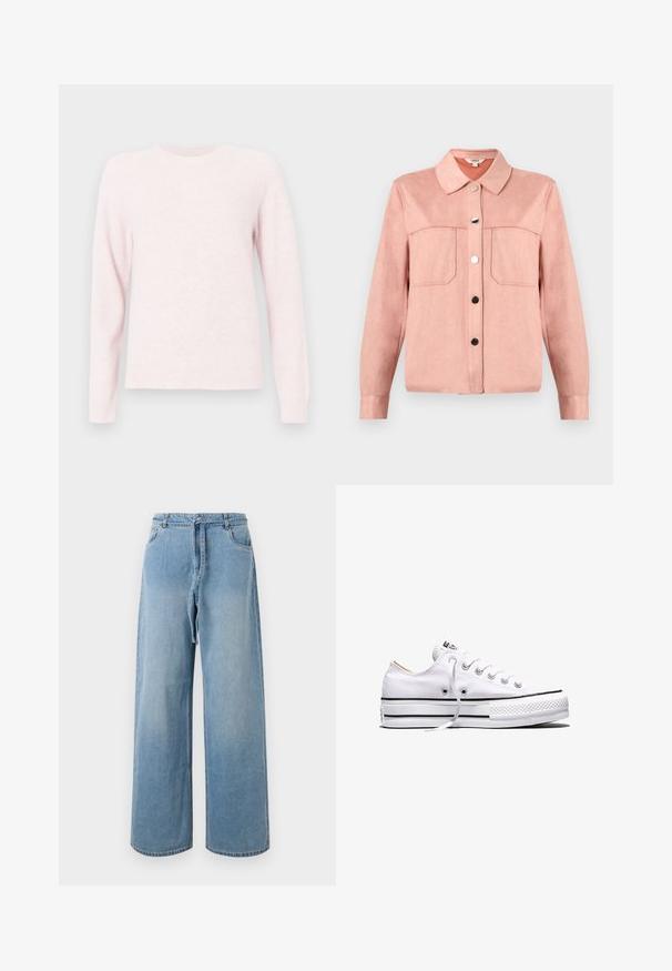 Suéter rosa claro hecho de una tela suave, con un escote redondo, mangas raglán largas y puños y dobladillo acanalados.; Chaqueta larga de ante rosa con manga larga, cuello, dos bolsillos frontales en el pecho y cinco botones de presión de metal en el centro.; Jeans de mezclilla azul claro de pierna ancha con tiro alto, que cuentan con bolsillos frontales, un cinturón con lazo y una textura desgastada.; Zapatilla baja de lona blanca con cordones blancos, rayas negras en la suela y puntera de goma texturizada, vista lateral sobre fondo blanco.
