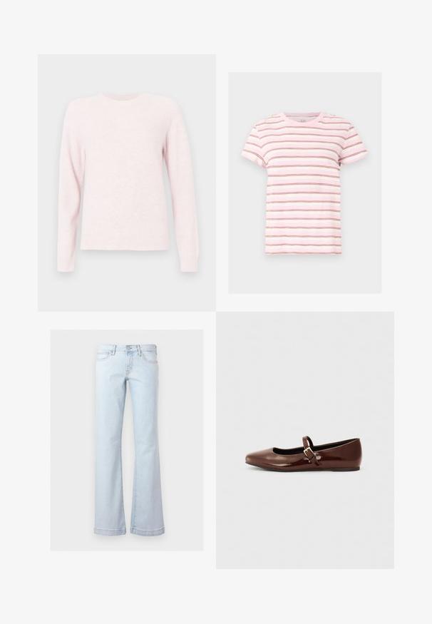 Sweater rose clair en tissu doux, avec un col rond, des manches raglan longues et des bords côtelés au niveau des poignets et de l'ourlet.; T-shirt à manches courtes rose et blanche avec de fines rayures horizontales marron, encolure ronde et coupe décontractée.; Jean en denim bleu clair taille haute avec poches avant, fermeture par boutons et jambes évasées larges.; Ballerine en cuir verni marron avec un bout carré et une lanière ornée d'une petite boucle dorée. Texture lisse, talon bas et design minimaliste.