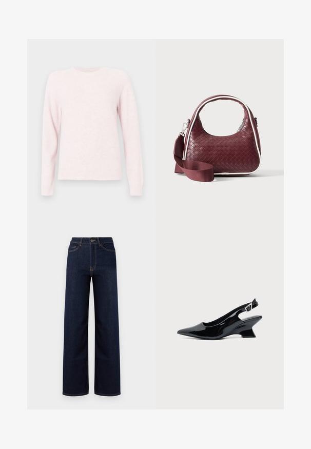 Sweater rose clair en tissu doux, avec un col rond, des manches raglan longues et des bords côtelés au niveau des poignets et de l'ourlet.; Jeans en denim bleu foncé à jambes larges, avec une taille haute, quatre poches et des coutures contrastantes le long des coutures.; Chaussure slingback en cuir verni noir avec bout pointu et petit talon bloc incliné sur fond clair uni.; Sac à main en cuir tressé marron foncé avec poignée courbée, garniture blanche, fermeture éclair argentée et bandoulière large en tissu amovible sur fond uni.
