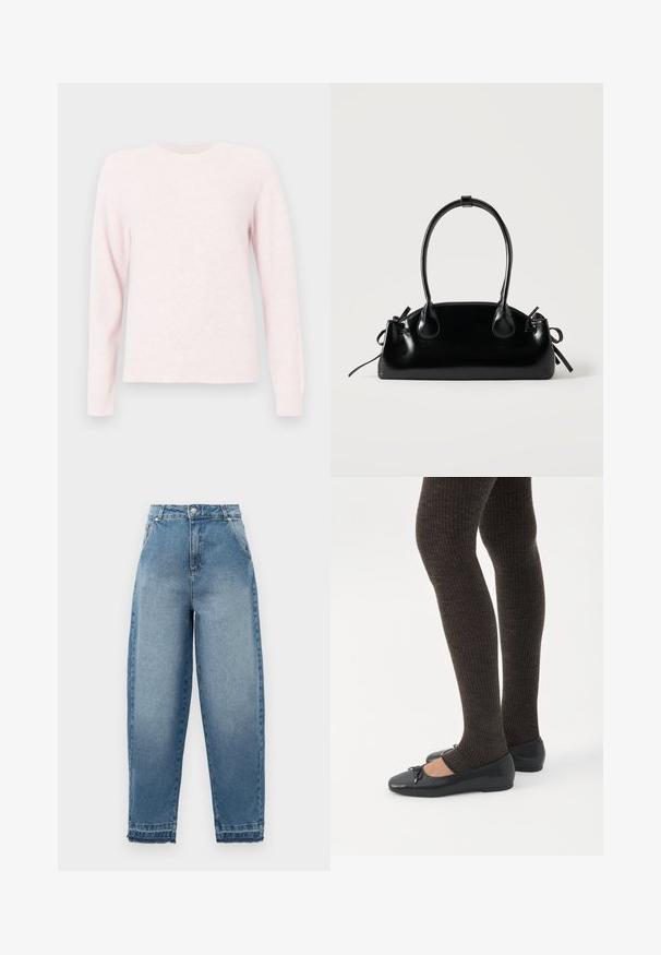 Lyserød sweater lavet af blødt stof, med rund halsudskæring, lange raglanærmer og ribbede manchetter og kant.; Lyseblå denimjeans med høj talje, løs pasform, fem-lommer design og frynsede kanter. Har klassisk syning og lynlås foran.; Ben iført mørke ribbede leggings kombineret med sorte balletsko med små sløjfedetaljer på hvid baggrund.; Lille sort blank håndtaske med to lange håndtag og snøre-detaljer i siden på en ensfarvet lys baggrund.