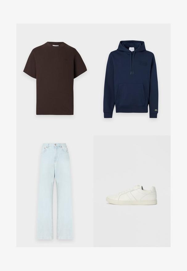 Sweat à capuche bleu marine avec poche avant, capuche à cordon de serrage, petite écusson logo sur la poitrine et logo crocodile sur le poignet de la manche gauche.; T-shirt en coton marron avec col rond et manches courtes. Présente un logo discret sur la poitrine gauche et une coupe décontractée.; Jeans en denim bleu clair avec une silhouette à jambe droite, cinq poches, une fermeture à bouton et des détails de couture minimalistes.; Baskets blanches en cuir montantes basses avec fermeture à lacets et semelle en caoutchouc plate, vues du côté intérieur sur un fond uni.