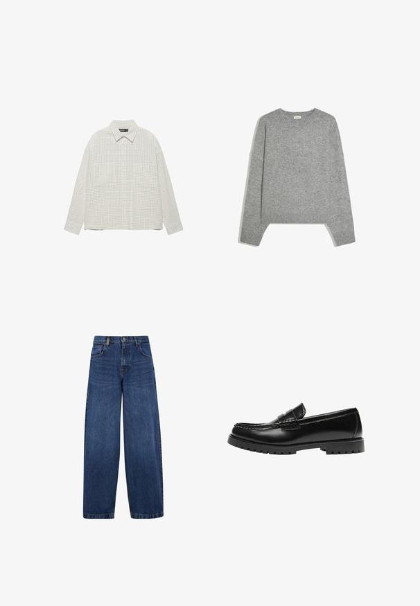 Pull en maille gris clair uni à manches longues, avec poignets, ourlet et col rond en côtes, posé à plat sur un fond blanc.; Chemise à manches longues à carreaux beige et blanche, boutonnée, avec col et deux poches poitrine à l'avant, posée à plat sur un fond blanc.; Jean en denim bleu à jambes larges avec un design classique à cinq poches, fermeture à bouton et une texture légèrement décolorée. Détails de couture robustes.; Mocassin en cuir noir avec une semelle en caoutchouc épaisse et un détail classique de bride à monnaie, vu de côté extérieur.