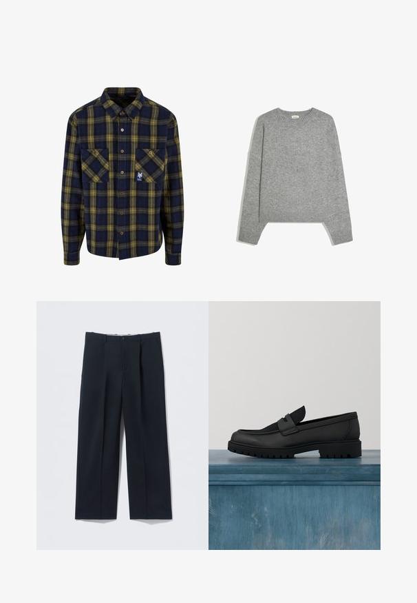 Pull en maille gris clair uni à manches longues, avec poignets, ourlet et col rond en côtes, posé à plat sur un fond blanc.; Chemise en flanelle à carreaux bleu marine et jaune, avec deux poches avant, boutonnage avant et un petit logo sur la poche gauche. Texture douce.; Pantalon bleu marine foncé en tissu lisse, avec une coupe ajustée, deux poches avant et une fermeture par bouton.; Chaussure noire en cuir sans lacets avec un accent en tissu texturé, une semelle en caoutchouc robuste et une finition lisse. Présente un détail de couture subtil.