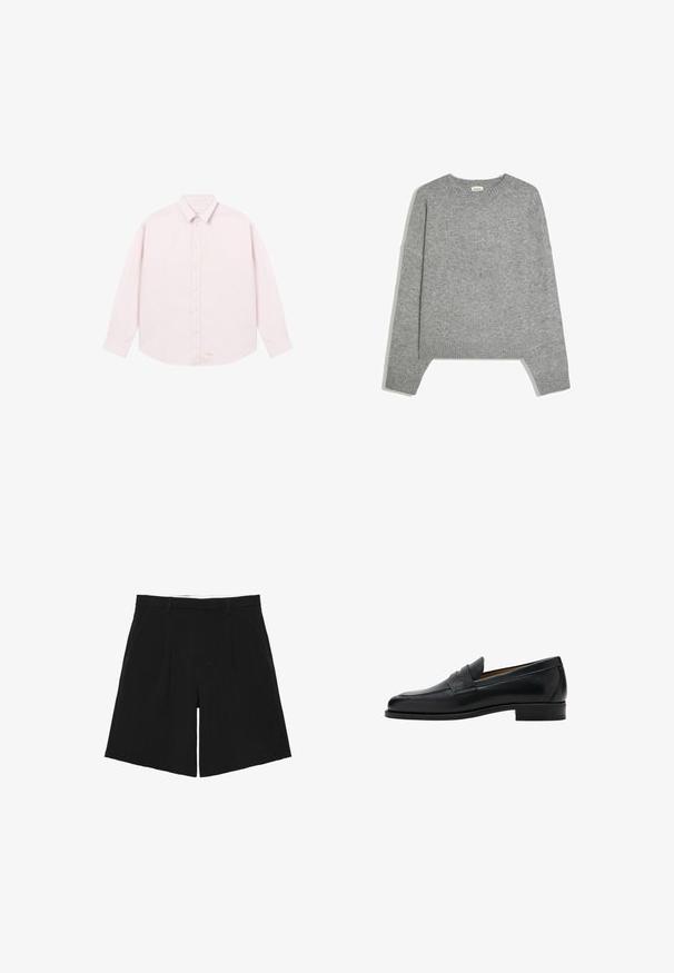Pull en maille gris clair uni à manches longues, avec poignets, ourlet et col rond en côtes, posé à plat sur un fond blanc.; Chemise rose clair à manches longues avec col, boutons sur le devant et logo brodé subtil près de l'ourlet.; Short noir sur mesure avec passants de ceinture, plis devant et poches latérales, posé à plat sur un fond blanc.; Mocassin penny en cuir noir avec talon bas, bout arrondi et une bride sur la partie supérieure de la chaussure.