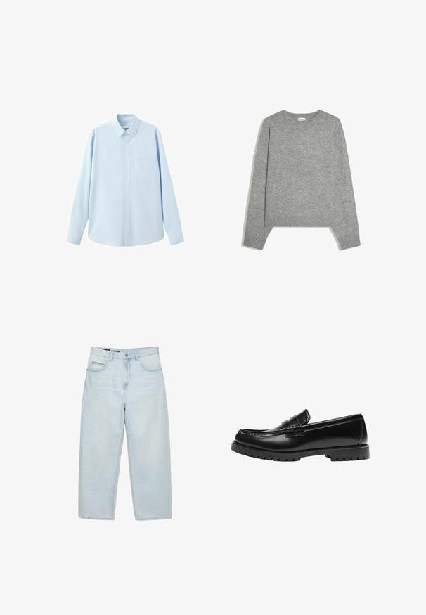 Pull en maille gris clair uni à manches longues, avec poignets, ourlet et col rond en côtes, posé à plat sur un fond blanc.; Chemise bleu clair à manches longues avec boutons, col pointu et poche poitrine, présentée sur fond blanc.; Jean ample taille haute bleu clair avec poches avant et fermeture à boutons, présenté sur un fond blanc.; Mocassin en cuir noir avec une semelle en caoutchouc épaisse et un détail classique de bride à monnaie, vu de côté extérieur.