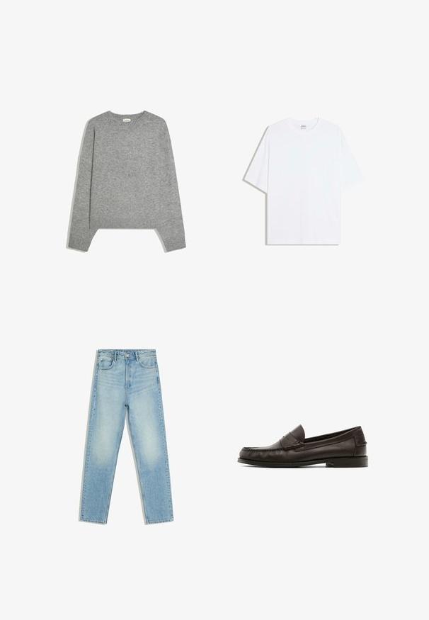 Effen lichtgrijze gebreide trui met lange mouwen, geribde manchetten, zoom en ronde hals, plat gelegd op een witte achtergrond.; Wit oversized katoenen T-shirt met een ronde hals en korte mouwen; gladde textuur, zonder zichtbare patronen of accenten.; Lichtblauwe, rechte high-waist spijkerbroek met voor- en achterzakken en knoopsluiting op een witte achtergrond.; Bruine leren instappers met een gladde textuur, voorzien van decoratieve stiksels, een lage hak en een rond te ontwerp.