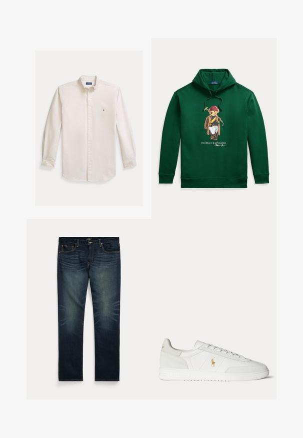 Tmavozelená mikina s kapucňou s grafikou medveďa v pólovom vybavení držiaceho palicu, označená ""Polo Bear by Ralph Lauren"" s podpisom pod tým.; Košeľa s dlhým rukávom zapínaná na gombíky, vyrobená z krémovej bavlnenej tkaniny. Má rozšírený golier a malý vyšitý logo na hrudi. Klasický strih.; Tmavomodré rifľové nohavice s jemným vyblednutím na predných stehnách a oranžovým prešitím, so zapínaním na gombík a zips a piatimi vreckami.; Biela nízka teniska so šnurovaním, zlaté logo Polo Ralph Lauren na boku a textúrovaná podrážka na jednofarebnom pozadí.