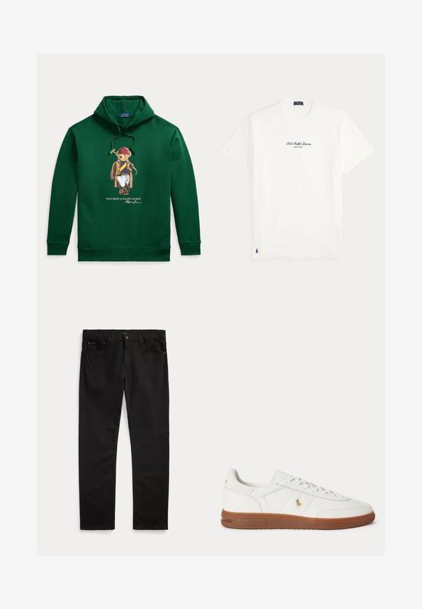 Donkergroene hoodie met een afbeelding van een beer in polo-uitrusting die een knuppel vasthoudt, gelabeld ""Polo Bear by Ralph Lauren"" met handtekening eronder.; Witte T-shirt met korte mouwen met de tekst "Polo Ralph Lauren New York" gecentreerd op de borst en klein marineblauw Polo-logo vlak bij de onderzoom.; Zwarte jeans met rechte pijpen, voor- en achterzakken, riemlussen, knoopsluiting en een subtiel merkembleem op de tailleband en zak.; Witte lage sneaker met bruine zool, veters aan de voorkant en klein gouden Polo Ralph Lauren-logo aan de zijkant.