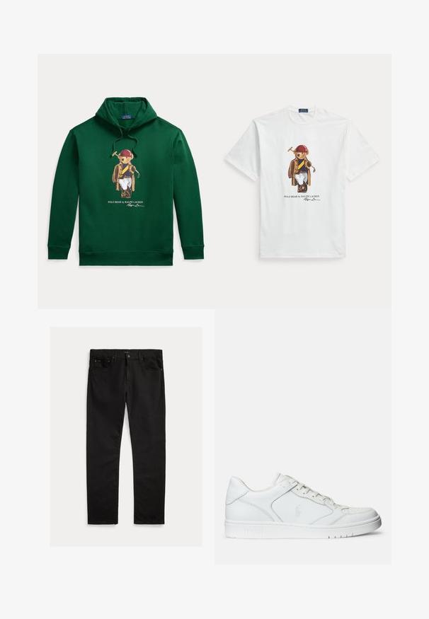 Mørkegrøn hættetrøje med grafik af en bjørn i poloudstyr, der holder en mallet, mærket ""Polo Bear by Ralph Lauren"" med underskrift nedenunder.; Hvid T-shirt med korte ærmer med en bjørn, der bærer en rød hjelm, brun jakke, hvide bukser og holder en polokølle.; Sorte denim jeans med lige ben, fem-lomme design og subtil tekstur. Metalknap og lynlås lukning.; Hvide lædersneakers med en glat tekstur, der har en perforeret tå, snørebåndslukning og broderet logo på siden. Hvid gummisål.