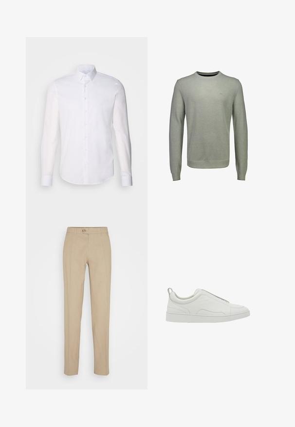 Lysegrå tekstureret strikket sweater med rund hals, lange ærmer og ribbet kant ved ærmer og linning, vist på hvid baggrund.; Hvid langærmet button-up skjorte lavet af bomuld, med en klassisk krave, frontknapper og minimal syning detalje.; Beige bukser lavet af hør med lige ben-design, featuring knaplukning, bæltestropper og glat tekstur.; Hvid lavtop sneaker med slip-on design, polstret krave og trækstrop ved hælen, med en tyk gummisål og glat læderoverdel.