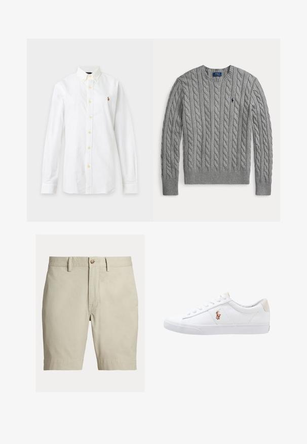 Grå kabelstrikket langærmet sweater med rund hals og lille mørkt broderet logo på venstre bryst.; Hvid skjorte med lange ærmer, knapper og krave samt lille broderet logo på venstre bryst mod en ensfarvet baggrund.; Beige knælange shorts med bæltestropper, knaplukning og lynlås, vist mod en hvid baggrund.; Hvide kanvas sneakers med lågtop design, prydet med en beige hælkappe og et lille broderet logo på siden. Gummisål.