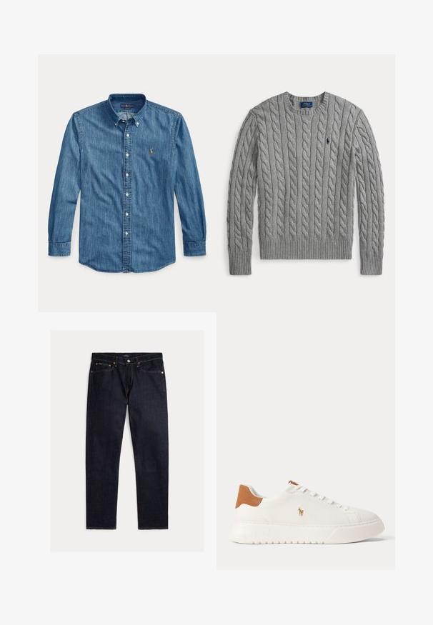 Gray cable knit long sleeve sweater with crew neck and small dark embroidered logo on left chest.; Long-sleeve blue denim button-up shirt with collar and small embroidered logo on the left chest next to the buttons.; Dark indigo straight-leg jeans with five pockets, button and zipper closure, and contrasting orange stitching on a plain background.; White low-top sneaker with tan heel tab, white laces, and small embroidered polo player logo on the side above a thick sole.