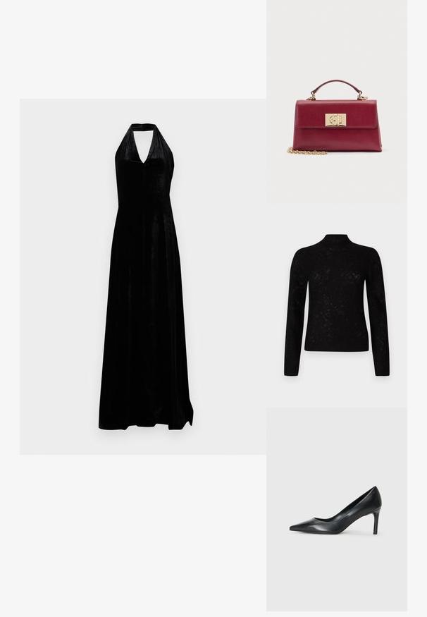 Camisa negra de manga larga con cuello alto, tejido texturizado y patrones sutiles. Diseño ajustado con acabado suave.; Vestido de noche negro de terciopelo con escote halter y pronunciado escote en V, y falda larga sobre un fondo blanco liso.; Zapato de tacón negro de cuero con punta afilada y un tacón delgado, textura suave y sin adornos visibles. Diseño limpio con una estética minimalista.; Bolso de mano de cuero rojo oscuro con asa superior, cierre dorado en el centro y una correa de cadena dorada reposando en la parte delantera sobre un fondo blanco.