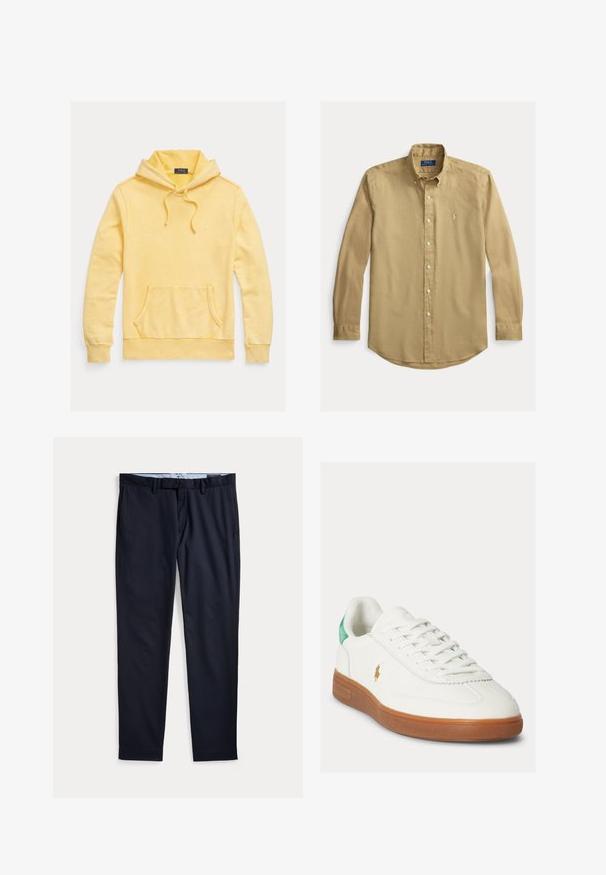 Gele katoenen hoodie met voorzak, verstelbare trekkoordkap en logo borduursel op de borst, met een zachte, gestructureerde afwerking.; Button-down overhemd met lange mouwen in kaki. Gemaakt van gestructureerde stof met een rechte zoom, met een klein geborduurd logo op de borst.; Donkerblauwe herenkleedbroek met ceintuurlussen, ritssluiting en zijzakken, plat gelegd op een witte achtergrond.; Witte sneaker met veters, bruine rubberen zool, groene hieltab en klein goudkleurig polo-spelerlogo aan de buitenkant.
