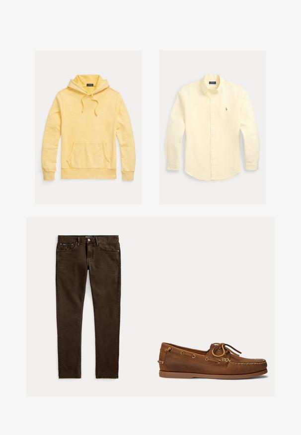 Gul bomulds-hoodie med frontlomme, justerbar snøre i hætten og logo broderi på brystet, med en blød, tekstureret finish.; Langærmet skjorte med gule striber og knapper, klassisk krave, med en lille broderet logo på venstre bryst. Bomuldsstof.; Slim-fit mørkebrune jeans med fem lommer, knap- og lynlåslukning samt synlige Polo-mærkater på linningen og forlommerne.; Brun læder bådsko med mokasinsyning, snøredetalje træde gennem metaløjer og flad gummi sål vist fra siden.
