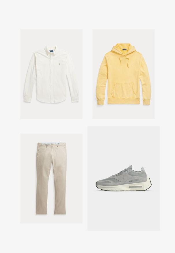 Gul bomulds-hoodie med frontlomme, justerbar snøre i hætten og logo broderi på brystet, med en blød, tekstureret finish.; Hvid langærmet skjorte med knapper og krave samt Polo Ralph Lauren-logo broderet på venstre bryst.; Beige bomuldsbukser med lige ben, forlommer, bæltestropper, knaplukning og lynlås, lagt fladt på en hvid baggrund.; Grå ruskind og mesh sneaker med hvid platformsål og Ralph Lauren-logo på siden og sålen, set fra indersiden.